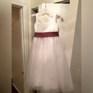 David’s Bridal Satin & Tulle Flower Girl Dress w/ removable Red Sash